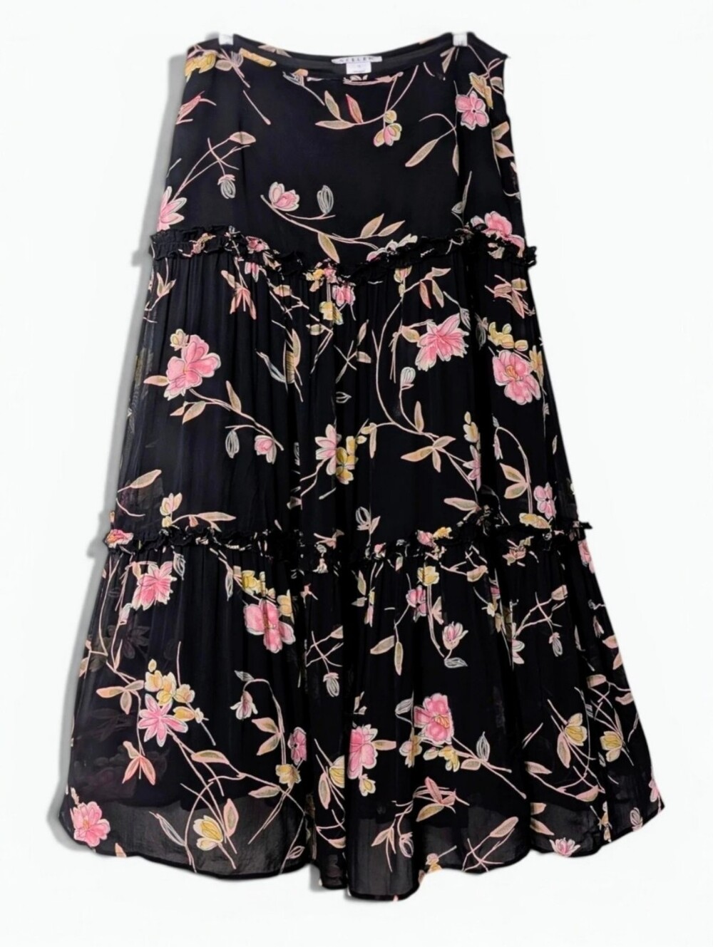 Seeler Vintage 90's Chiffon Sheer Floral Midi Skirt Tiered Full Flowy Size 16